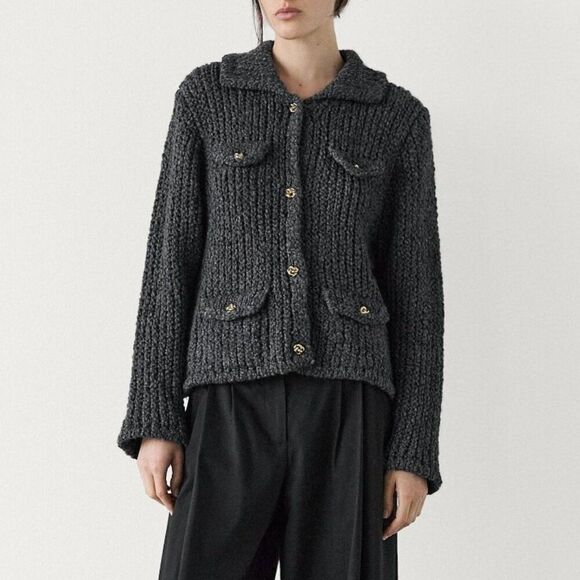 Massimo Dutti Womens Sweater Cardigan S Gray Knit Pocket Details 5711/630 NWT - Picture 1 of 10